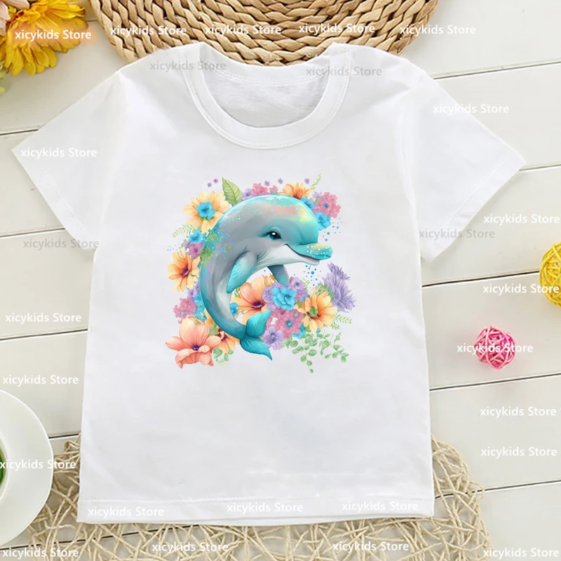 Funny Girls Tshirt Watercolor Boho Dolphin Animal Print Children'S Tshirt Summer Fashion Toddler Tshirt Cute Girls Clothes