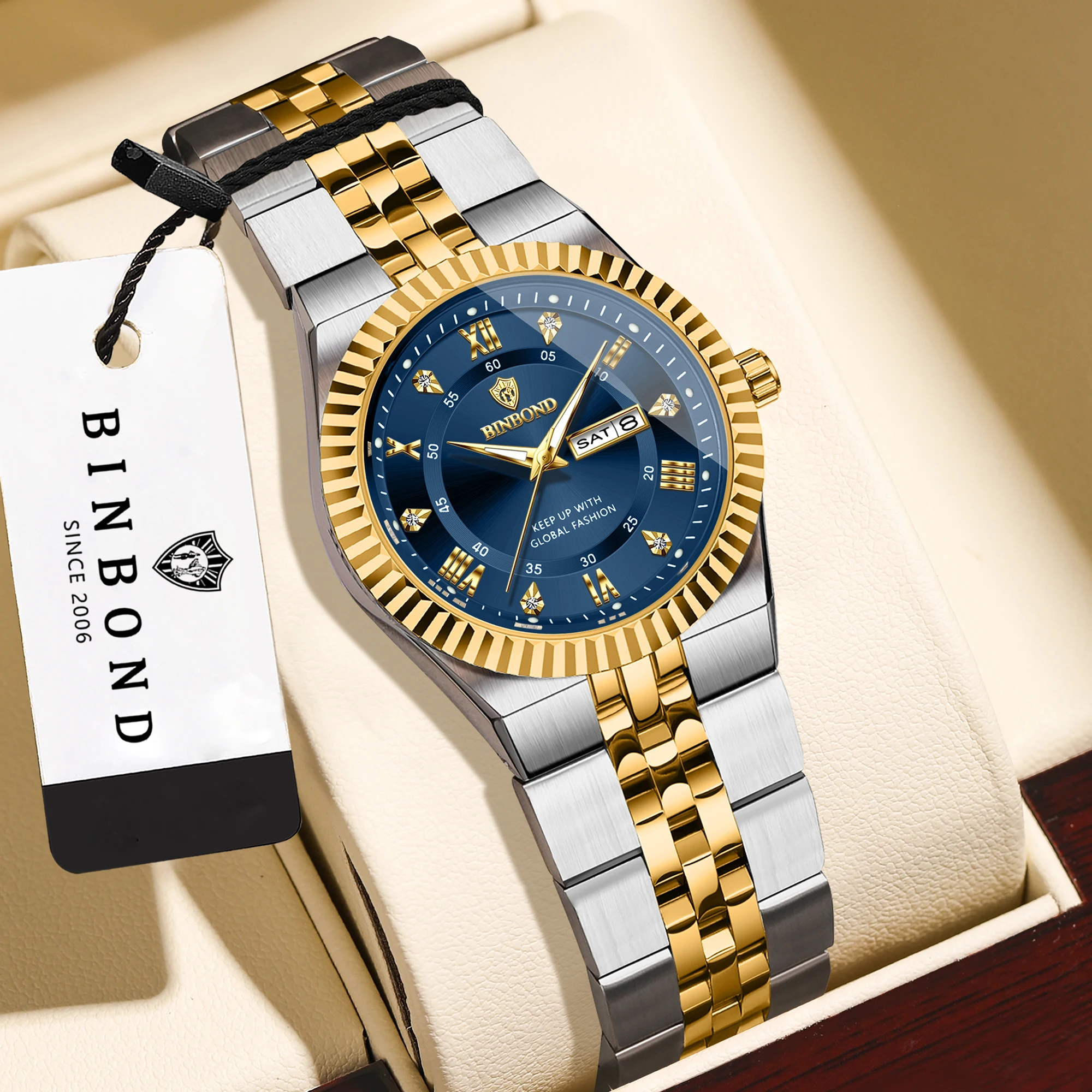 BINBOND Precise Quartz Watches For Men Week Display Auto Date Stainless Steel Luminous Waterproof Men's Watch Luxury Reloj