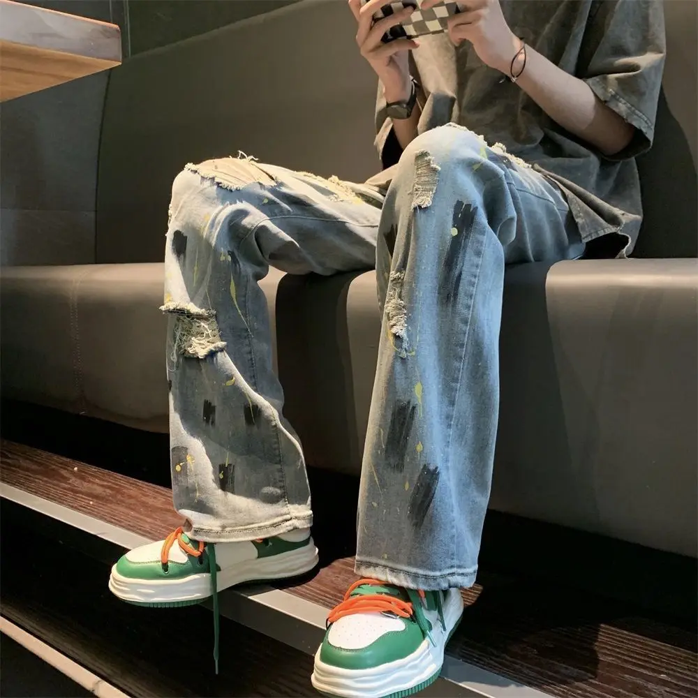 High Street Men's Speckled Graffiti Jeans with Broken Holes, European and American Hiphop Pants, Straight Leg Pants