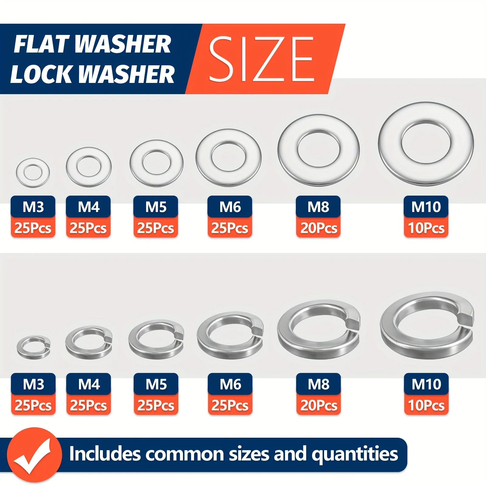 260Pcs Lock and Flat Washer Assortment Kit, Stainless Steel M3 M4 M5 M6 M8 M10 Spring Lock Washers and Flat Washers Set, Prevent