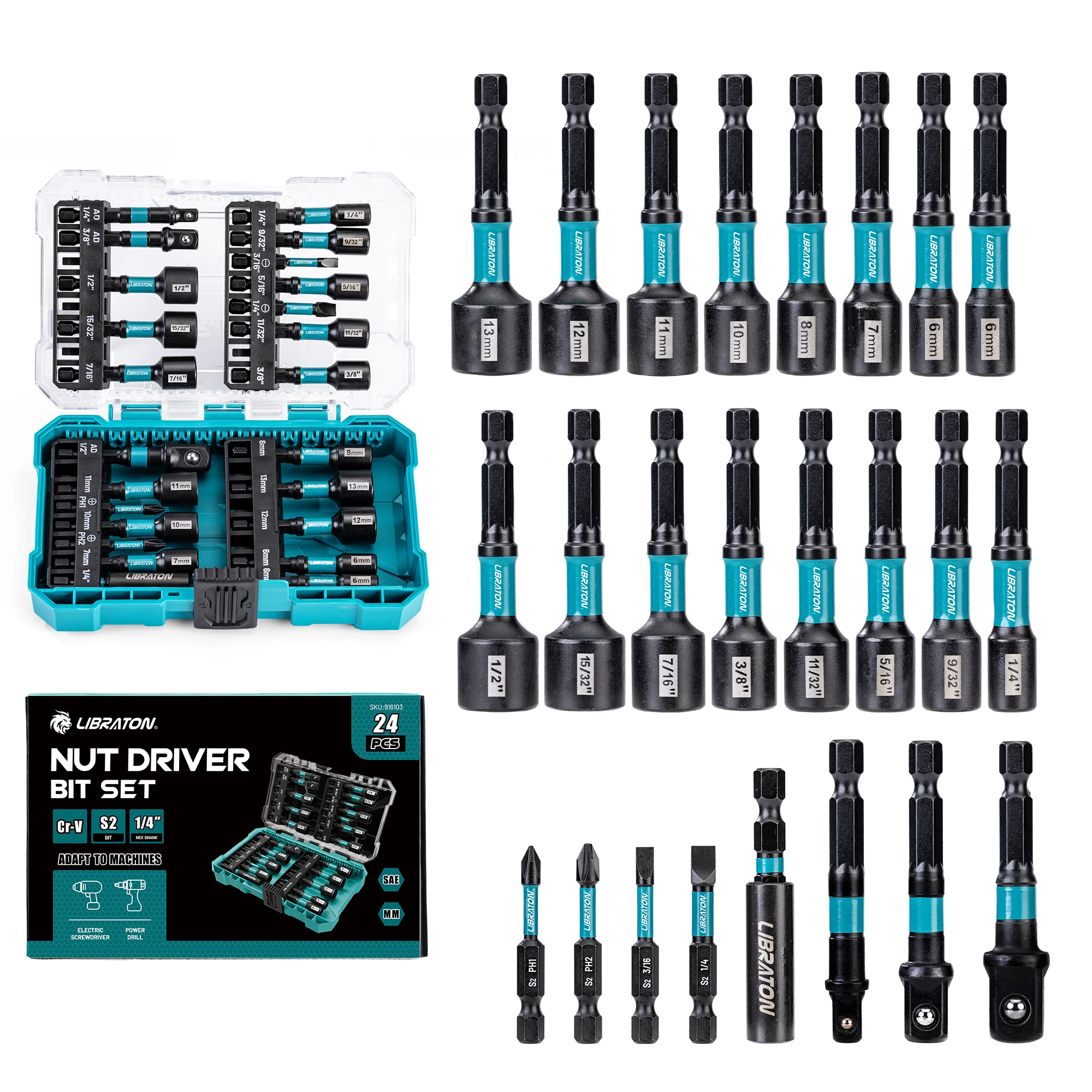 

LIBRATON 24PCS Magnetic Nut Driver Set 1/4" Hex Impact Drill Driver Bit Set Metric and SAE Nut Drivers Screwdriver Bits
