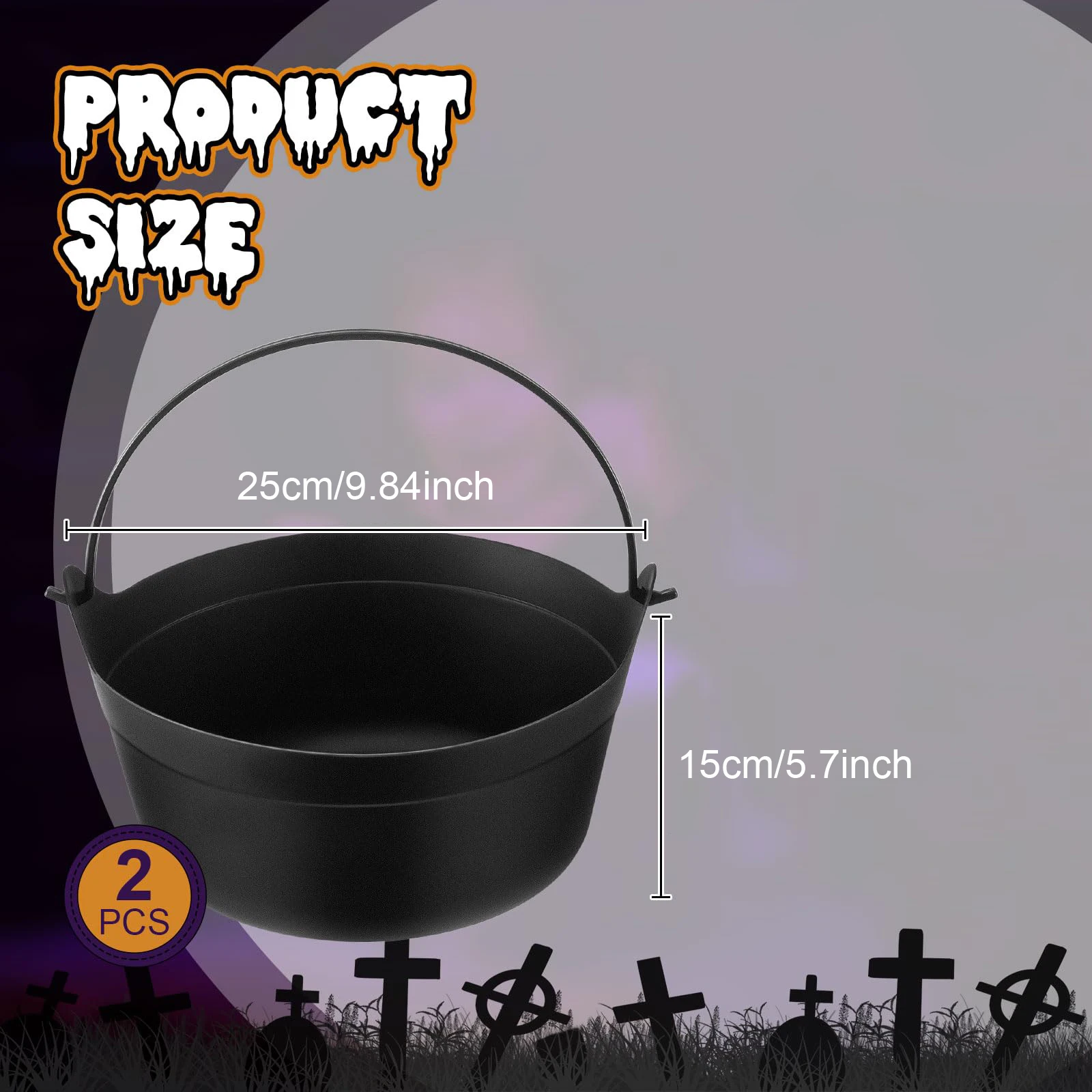 2 Piece Halloween Black Witch Melting Pot Bucket without Sprayer Plastic Trick or Treat Candy Bucket