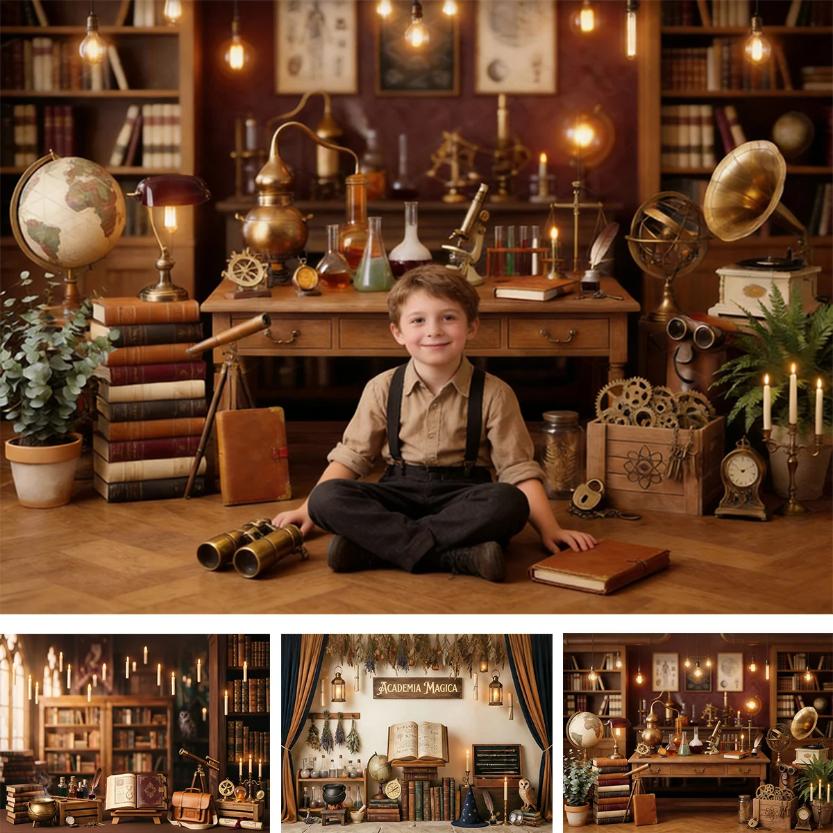 Vintage Magic Study Photography Backdrop Retro Old Books Globe Microscope Candle Warm Photo Background For Portrait Studio
