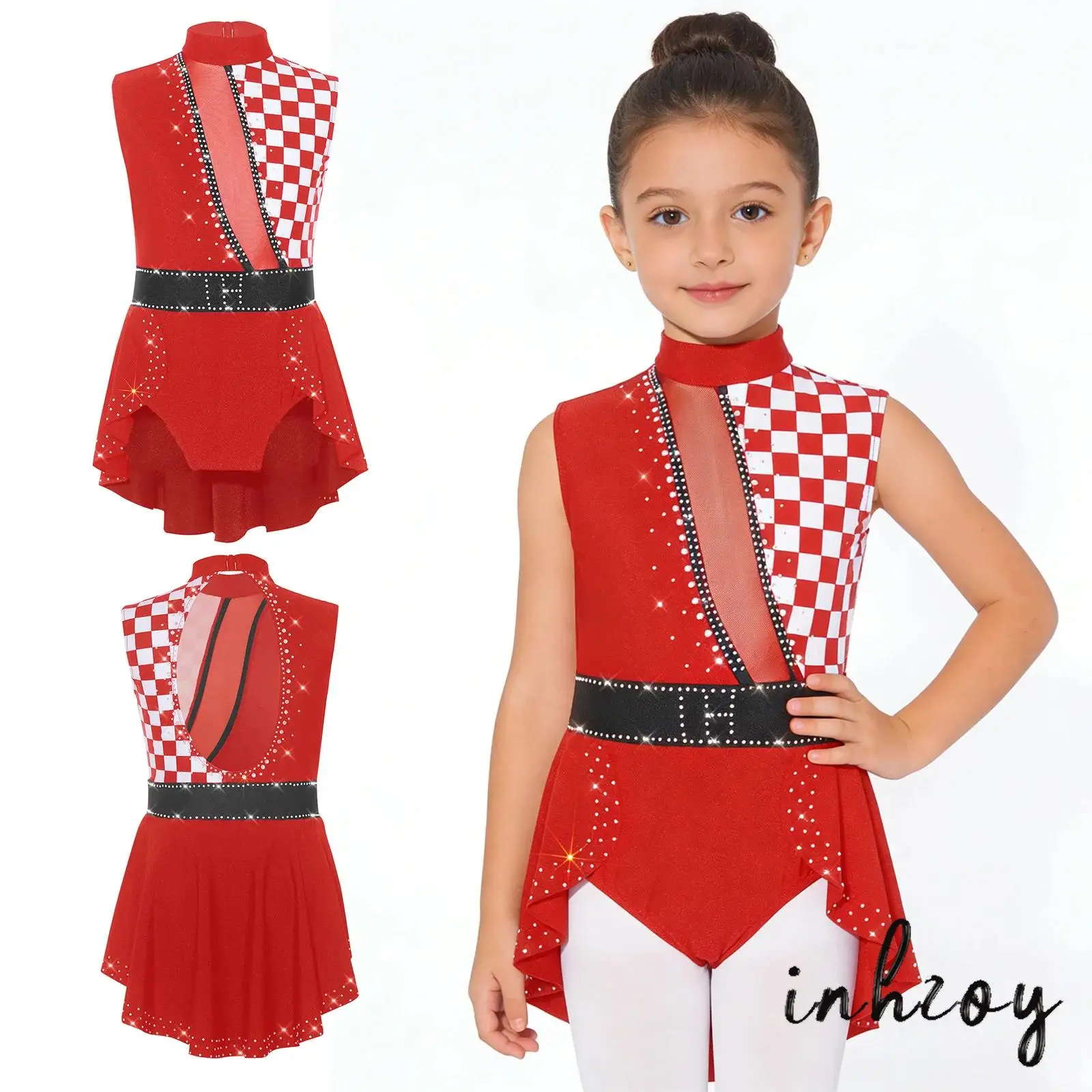 

Kids Clown Cosplay Costume Leotard Mock Neck Sleeveless Rhinestone Decor Back Cutout Jumpsuit for Gymnastic Ballet Skating Dance