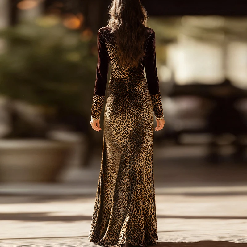 봄 가을 레오파드 프린트 슬림핏 로브 드레스 여성 딥 V 긴팔 보헤미안 드레스 레트로 패치워크 하이웨이스트 맥시 드레스