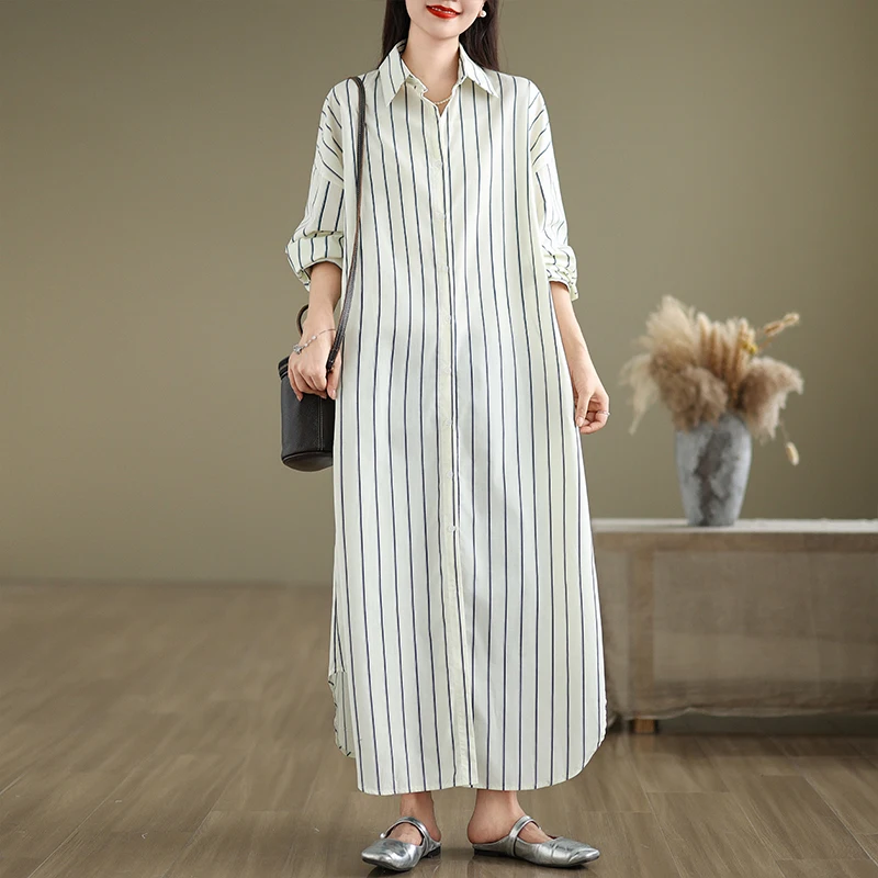 Loose Fit Cotton Linen irt Dr Artistic Casual Striped Mid-Length Korean Sle Women's Autumn Faion Commute Sle