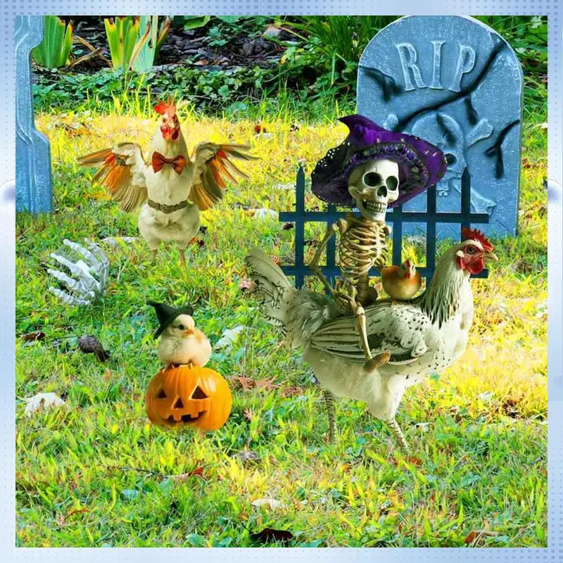 

AD-4PCS Halloween Metal Yard Decoration Metal Yard Sign Skeleton Decor Figurines Halloween Chicken Ornament Cute Decor