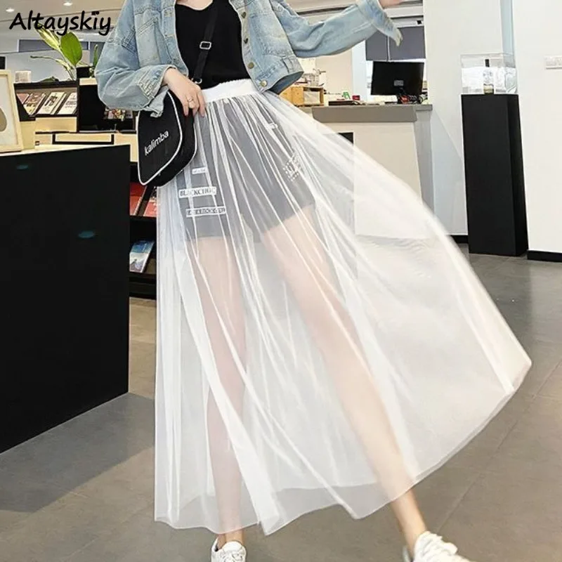 

Mesh Skirts for Women All-match Loose Elastic Waist Korean Style Thin Spring Summer Clothing Outwear Chic Solid Popular College