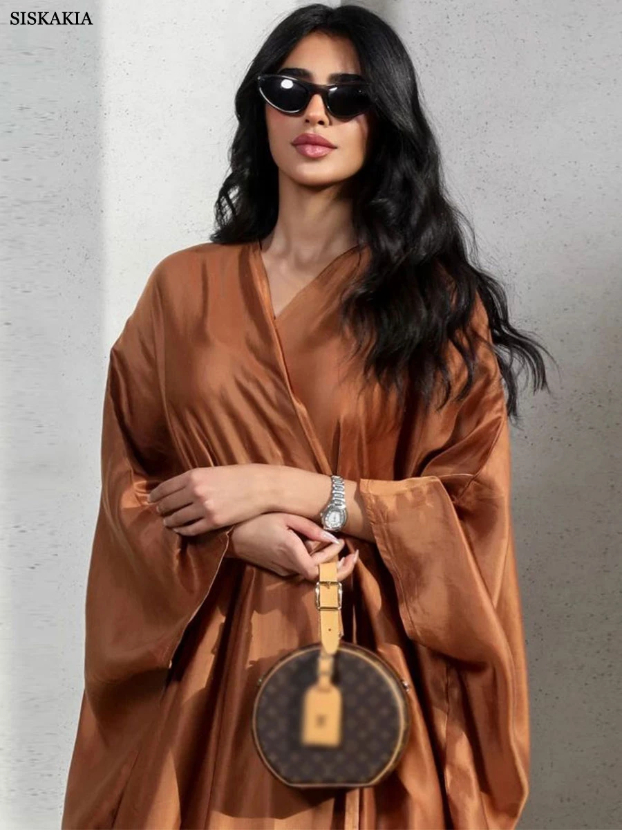 Siskakia Dubai Solid Open Abaya For Muslim Woman Batwing Sleeve Moroccan Saudi Cardigan Elegant Casual Loose Kaftan Fashion Robe