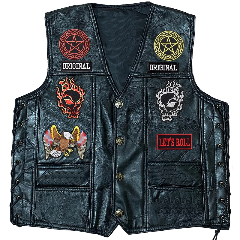 Chaleco corto de cuero bordado para hombre, chaqueta sin mangas para motorista y moto, abrigo Punk para Club de motocicleta