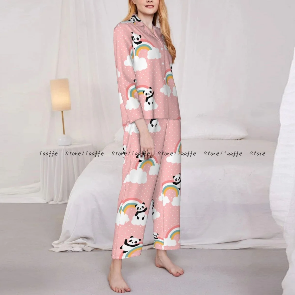 Women Sleepwear Pajamas Cute Panda Flying In The Sky With Clouds And Star Long Sleeve Pijama Female Set Negligee Cardigan Suit