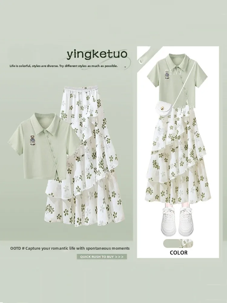 Sweet Floral Half Skirt  Neck Short Sleeve T Shirt Set Women Summer Age Reducing Two Piece Set Fashionable Casual Outfit
