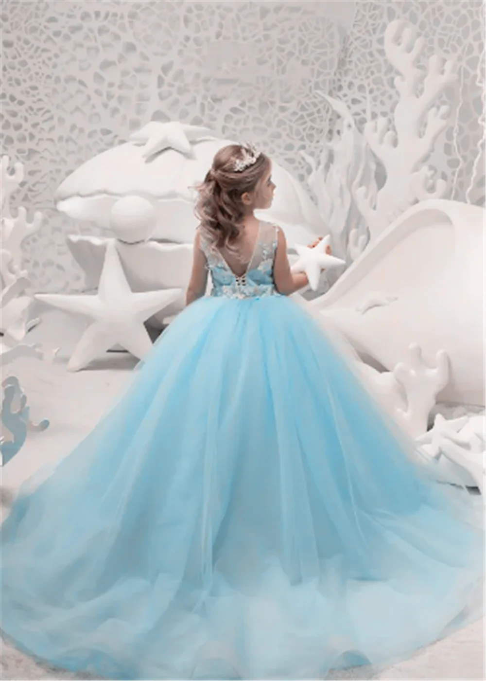 

Lovely Blue Turquoise Flower Girl Dresses Long Appliques Birthday Gift Wedding Party Tulle Sleeveless Formal Communion Gown
