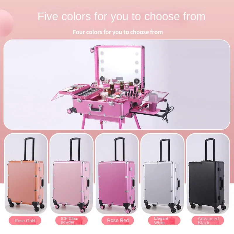 Casing alat rias profesional 24 inci, tas koper troli kotak kecantikan dapat dilepas, kotak alat Bluetooth, bagasi logam paduan Aluminium profesional, casing kosmetik profesional