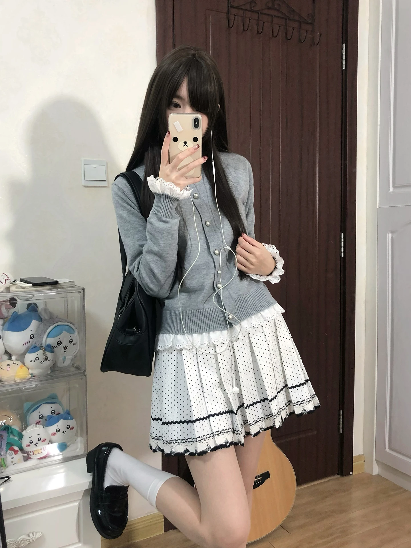 

White Polka Dot Short A-Line Skirt Women's College Style Retro Slim Fit Midi Skirt Spring Autumn City Commute Casual Date