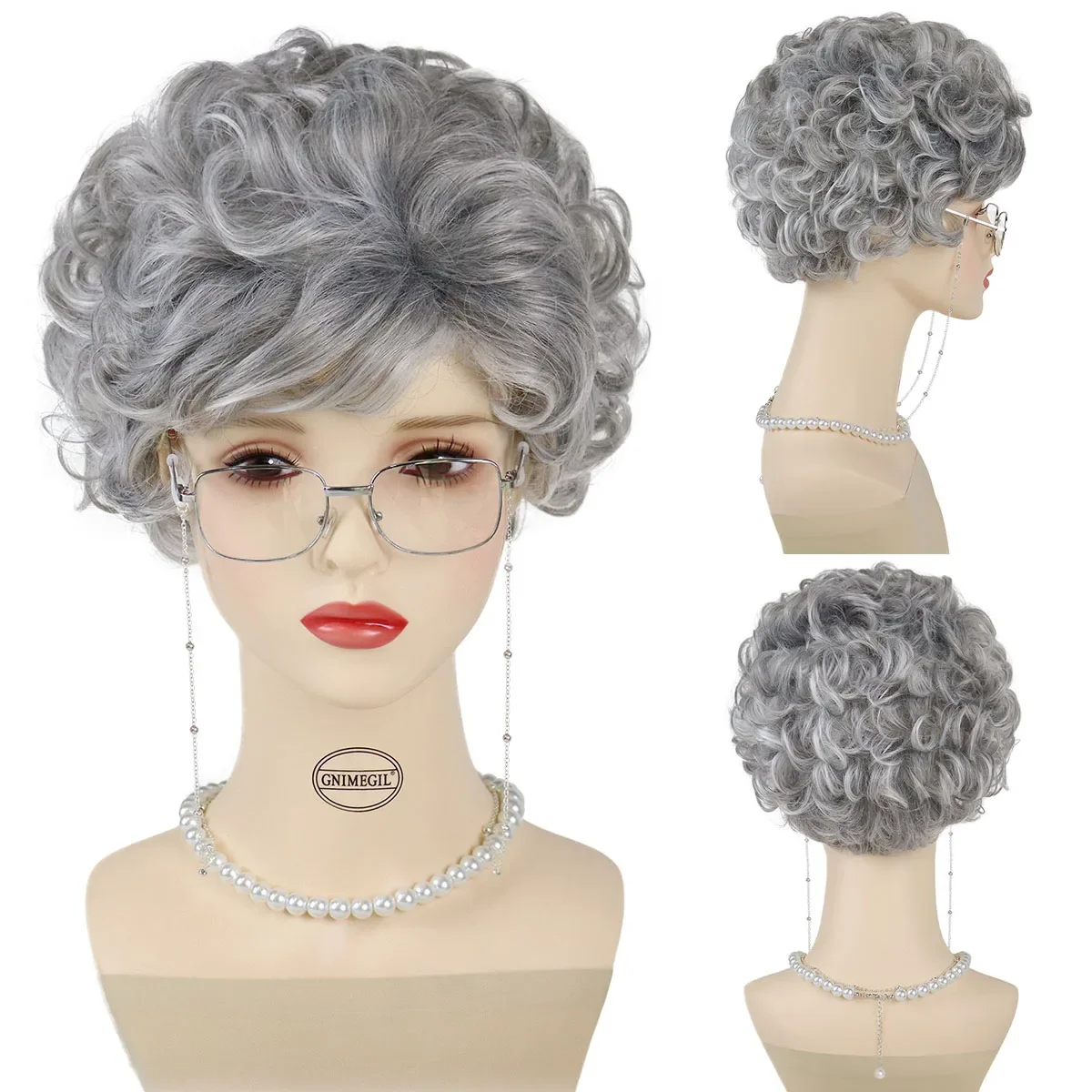 Peluca sintética de dama vieja para niños, Cosplay de abuela con gafas, cadena, collar de perlas de imitación, disfraz Blanche, 100 días de escuela