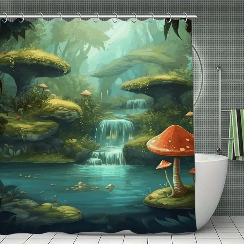 Fantasy Forest Stream Red Mushroom Waterfall Shower Curtain No Drilling Bathroom Curtain with 12 Hooks Nature Scene