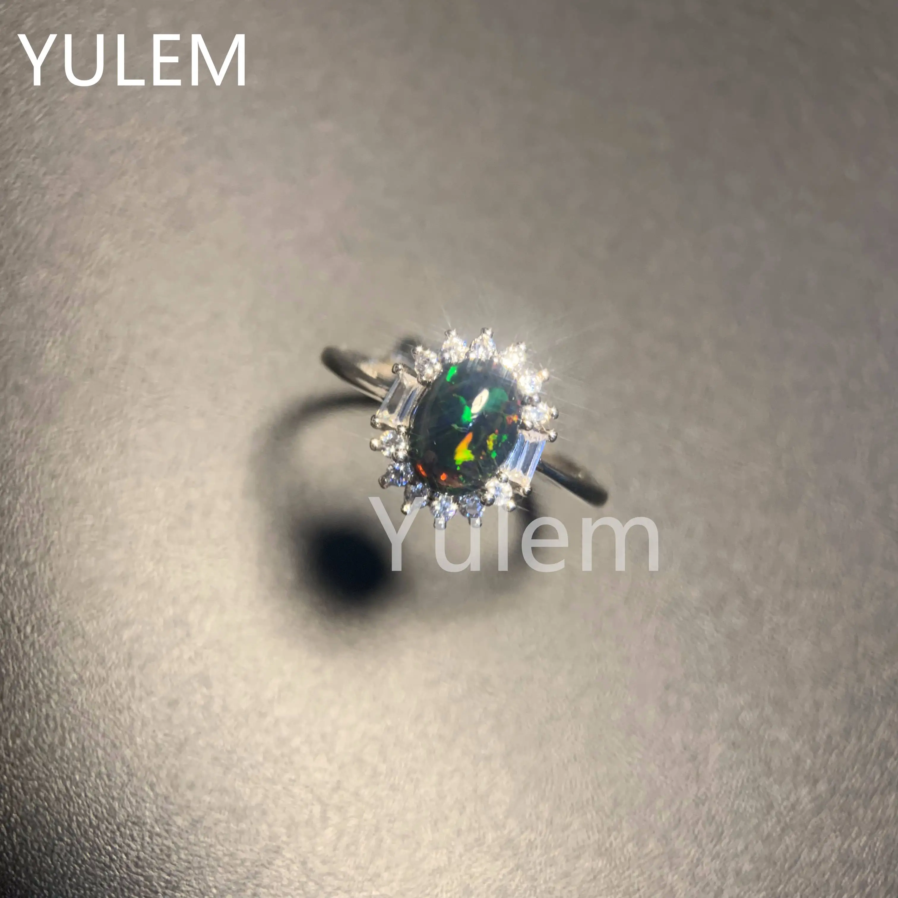 YULEM Natural Black Opal 6*8mm Simple Design for Women Wedding Rings and Full Fire Color  925 Sterling Silver