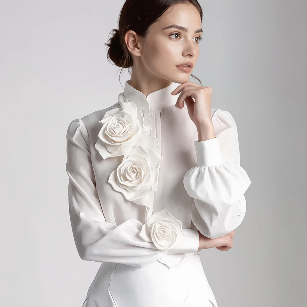 

Elegant 3D Floral Decorate Blouse Stand Collar Sheer See Through Chic Sweet White Lantern Sleeve Blouse Shirt Autumn Tops 2025