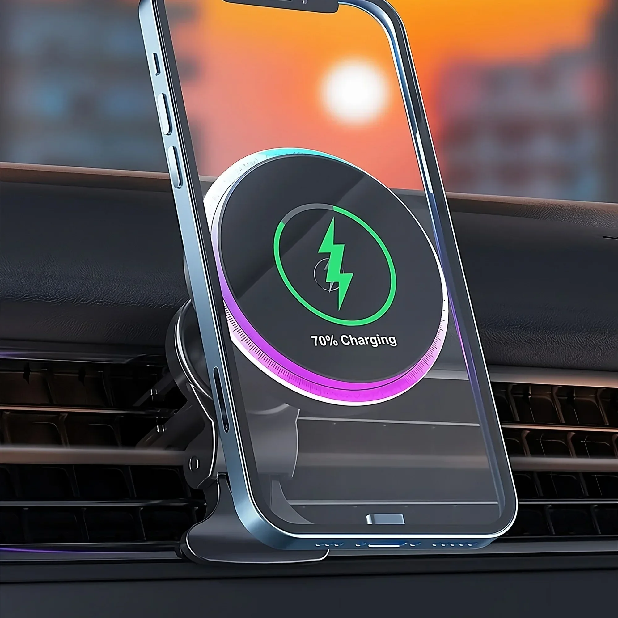 حامل هاتف السيارة المغناطيسي شاحن لاسلكي 15 واط شحن سريع الضوء المحيط تنفيس الهواء جبل للهواتف الذكية #4