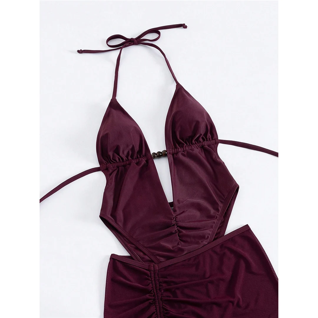 Sexy Badeanzug mit Rock, tiefer V-Ausschnitt, Damen-Badebekleidung, einteiliger Badeanzug, hoher Beinausschnitt, rückenfreier Badeanzug, Badeanzug V8112 – Detail 5