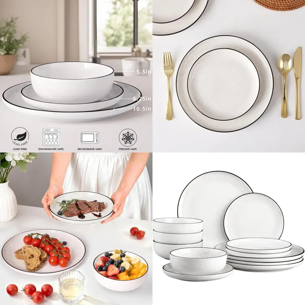 

4-Piece Ceramic Dinnerware Set, White with Black Rim, Modern Design, Microwave & Dishwasher Safe