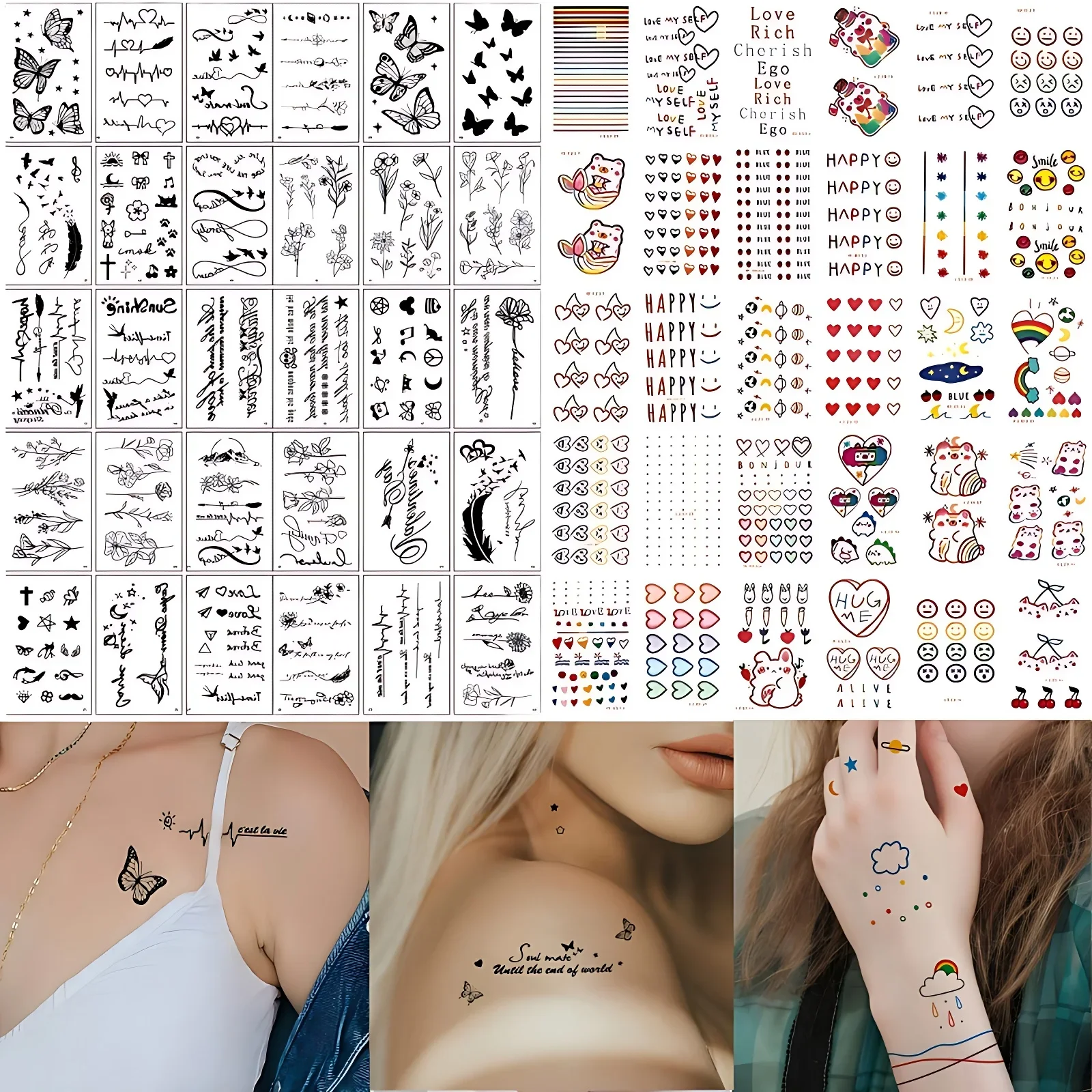 60pcs Temporary Tattoo Sticker Black Butterfly Quote Flower Tiny Color Bear Heart Line Point Tattoo Adhesive for Women Men Kids