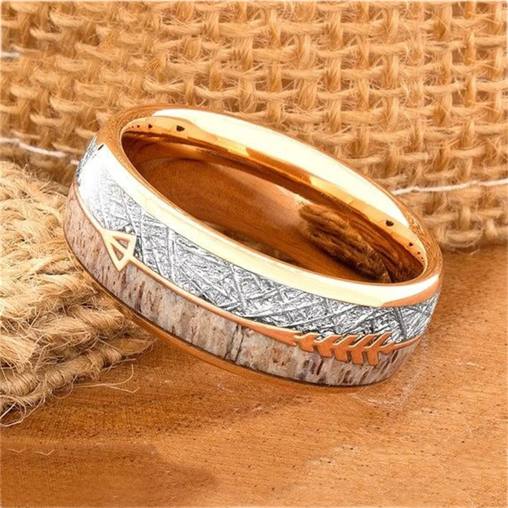 Fashion 8mm Men Stainless Steel Rings Rose Gold Color Brushed Deer Antler And Meteorite Arrow Rings for Men Wedding Band Jewelry