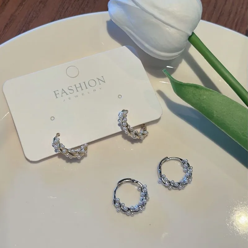 الكورية ليتل بيرل دائرة هوب أقراط للنساء مزاجه خط معدني الأذن مشبك أقراط خمر تاريخ الحفلات مجوهرات هدية #6