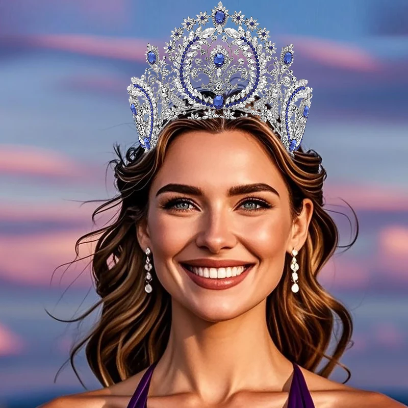 

New Baroque Round Blue Bridal Crown Pageant Miss Tiaras Flower Headdress Bride Wedding Dress Diadem Hair Jewelry Accessories