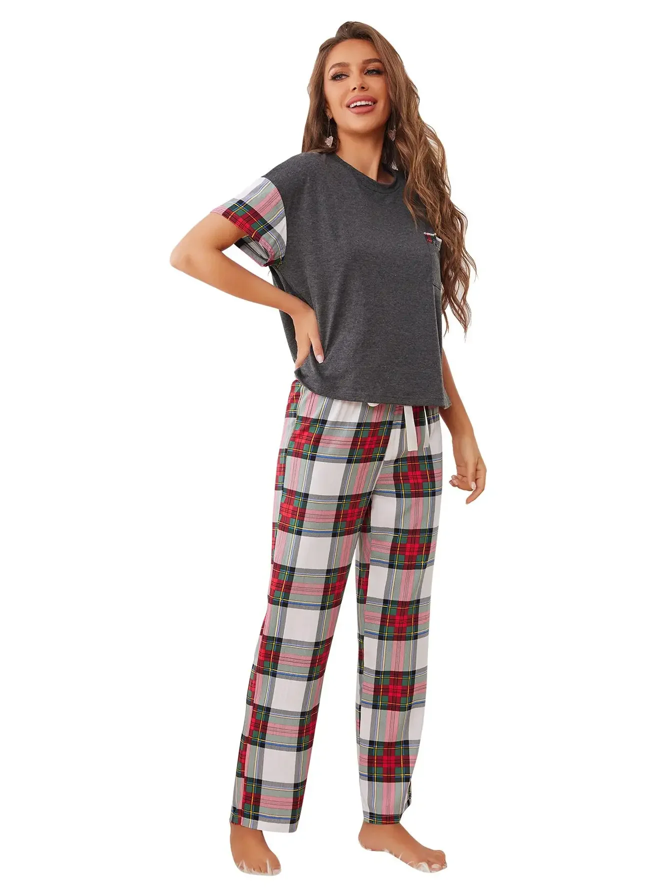 Women Pajama Sets Short Sleeves O Neck Top&Full-Length Plaid Pants Female 2 Piece Female Sleepwear Nightwear Homwear With Pocket