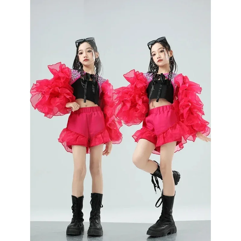 

Kids Hip Hop Dance Clothes Concert Stage Performance Wear Girls Jazz Dance Costume Red Puff sleeves Sequin Tops Shorts Suit
