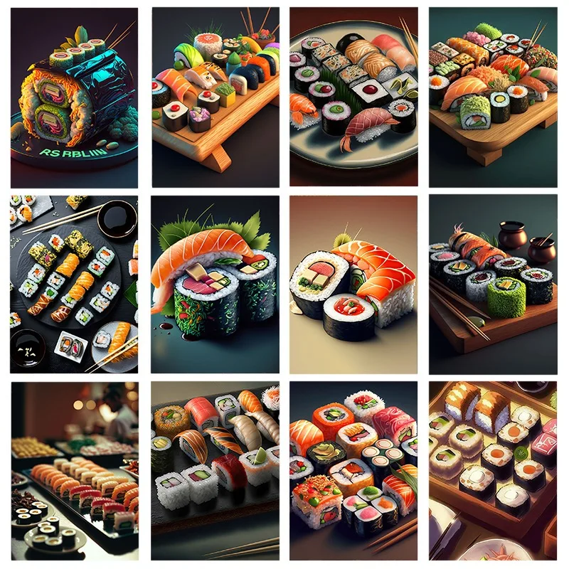 Japanese Food Posters Sushi Salmon Roll Caviar Seafood Prints Canvas Painting Wall Art Pictures for Restaurant Kitchen Decor