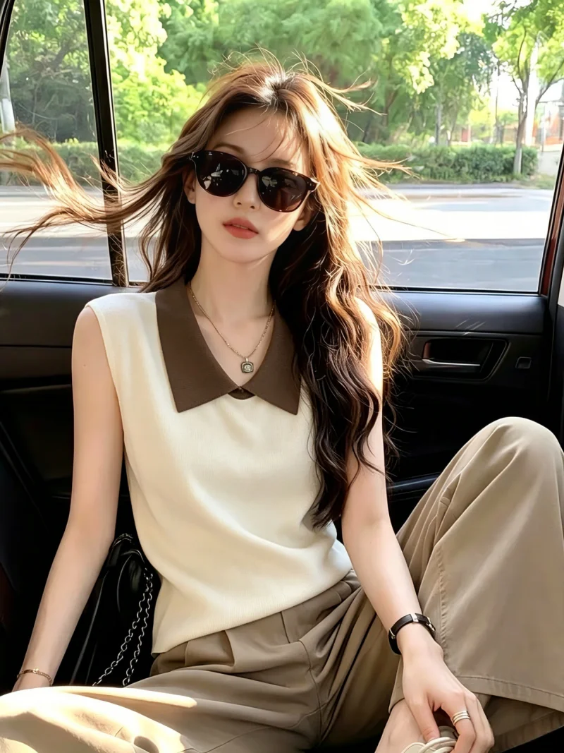 

Summer New Style Women's Knitted Vest Self-kept Color Block Collar Sleeveless Fashionable Age-defying Korean Straight-cut