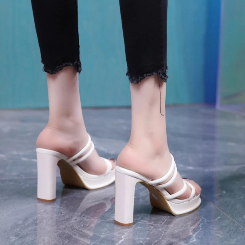 Black Womens Slippers 9cm Chunky Heeled Sandals Summer Belt Shoes High Heel Comfortable Sandalias Plataforma Mujer 2024 image 4