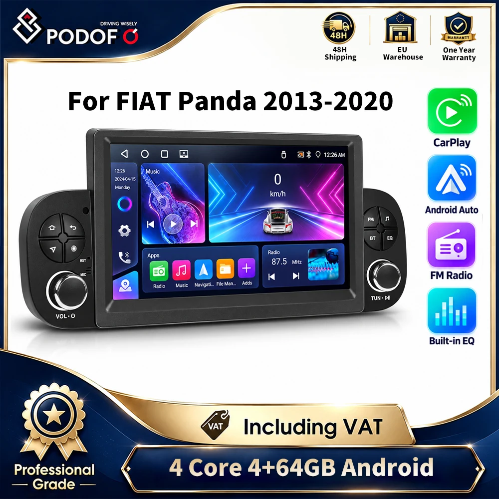 Autoradio Android Podofo con schermo touchscreen HD da 7 pollici, 4GB+64GB, navigazione GPS, WiFi, Bluetooth, FM, lettore musicale USB, CarPlay wireless e Auto Mirror Link per Fiat Panda 2013-2020