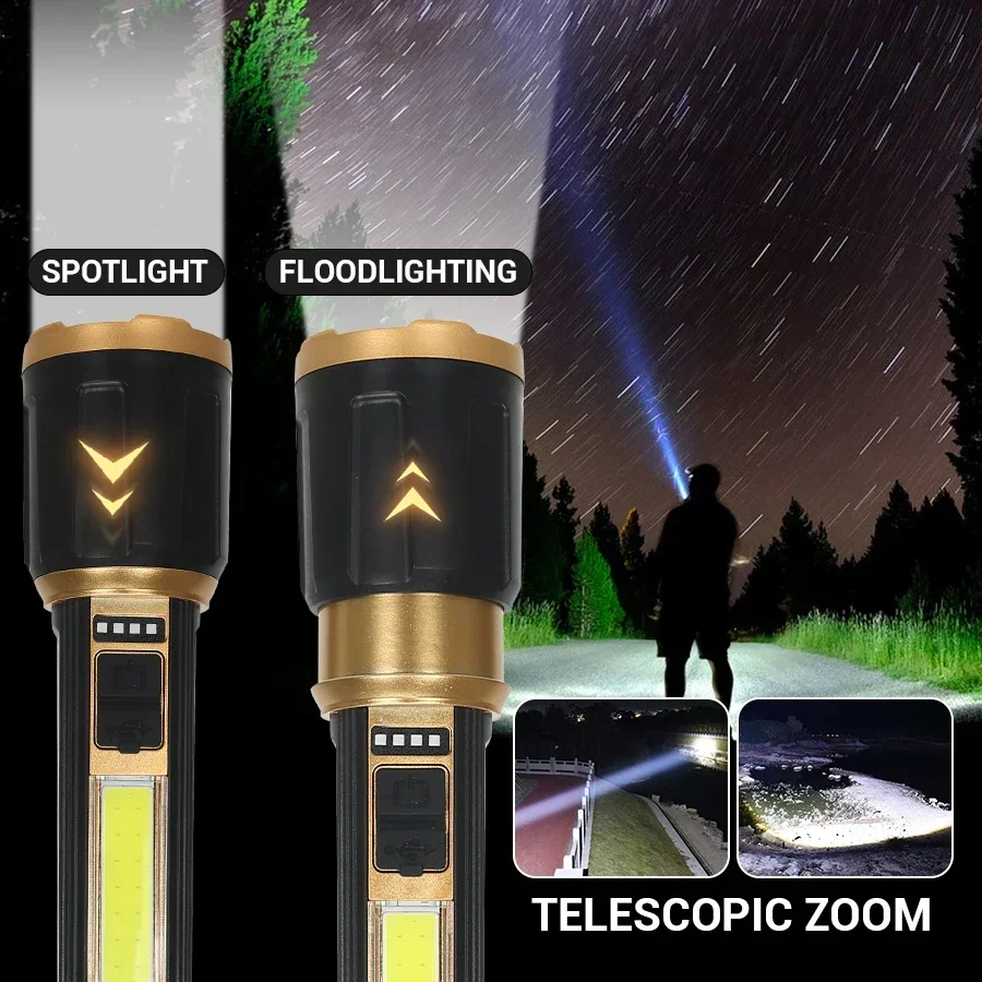 2000LM Super Bright LED Flashlight Tactical Zoom Built-in Battery USB Rechargeable with COB Side Light Portable Camping Lantern