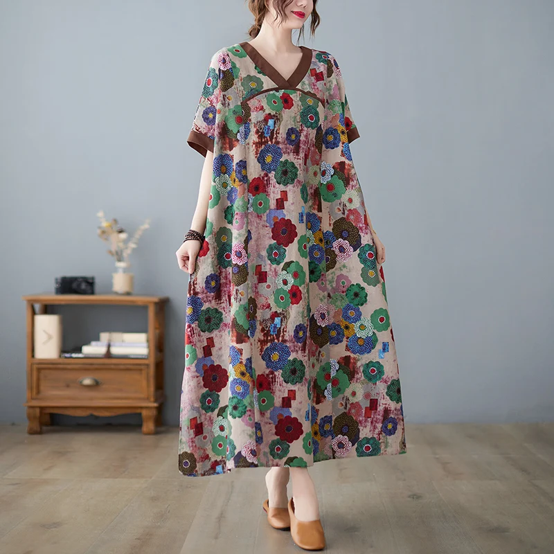 

V-Ne Hanfu Sle Свободный крой для похудения Хлопок и лен ort Sve Dr Ele Long Dr Антивозрастной женский Dr большого размера