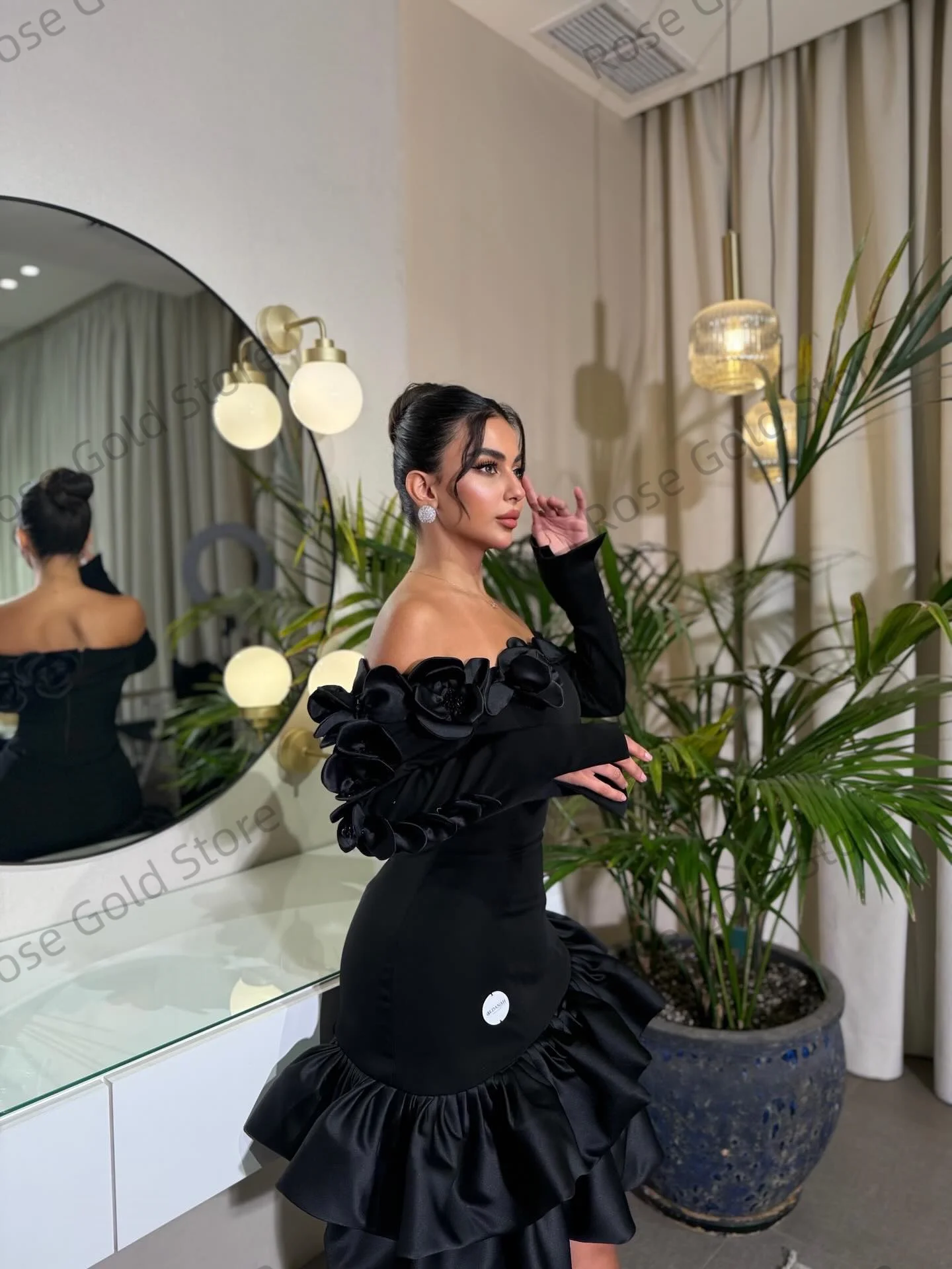 فساتين سهرة سوداء على شكل حرف A مزينة بالزهور مكشوفة الكتف وأكمام طويلة من فيستدو دي فييستا فستان قصير للحفلات الراقصة #3