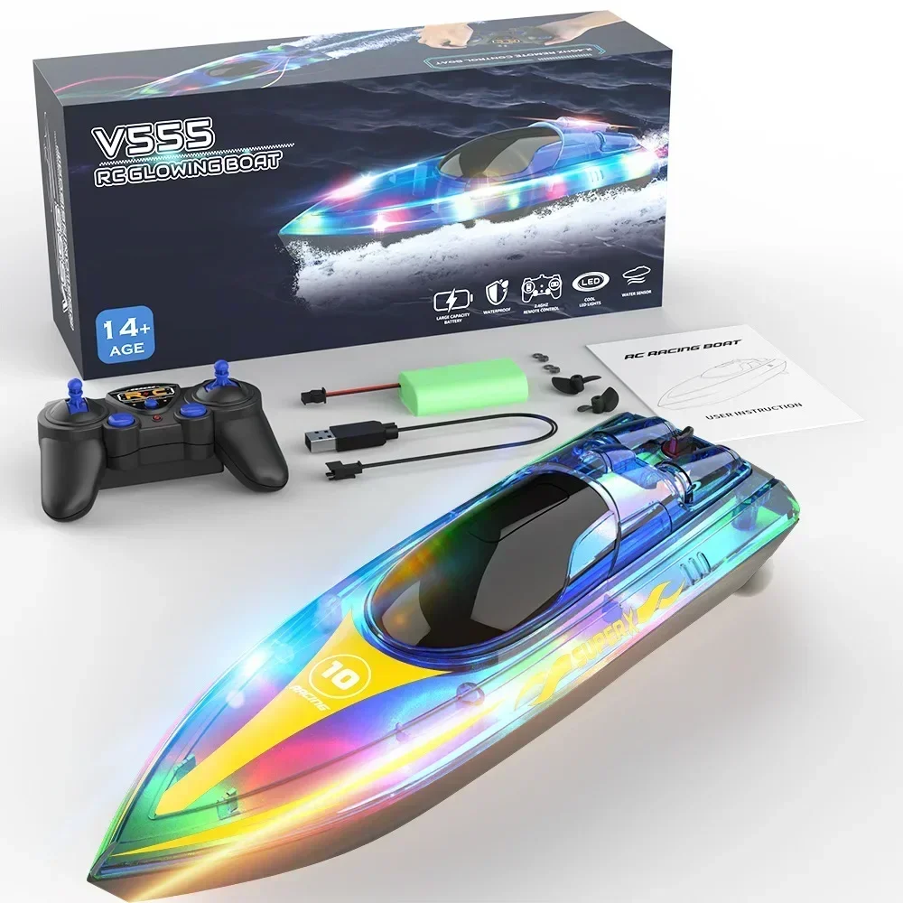 V555 2.4GHz Racing RC เรือ 15 กม./ชม.พร้อมฝาครอบโปร่งใส & Bright LED Light Effect สําหรับสระว่ายน้ําของเล่น