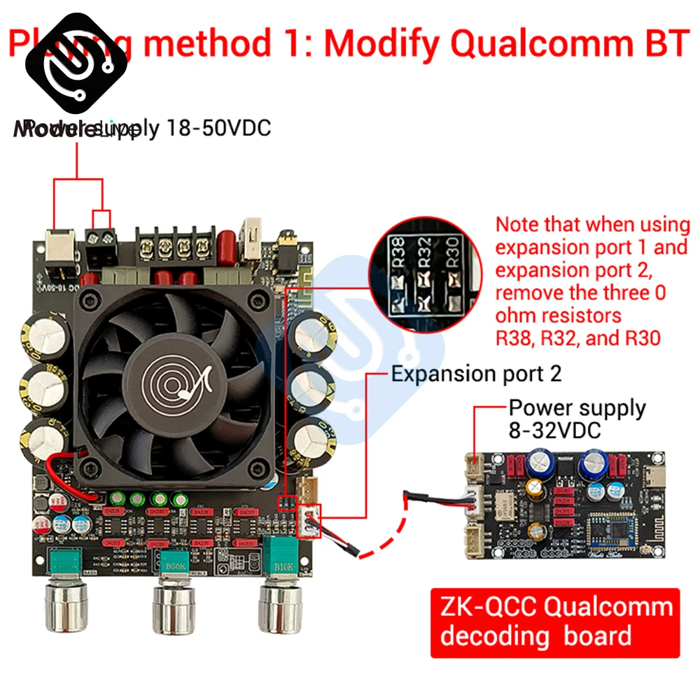 ZK-3002T Bluetooth Digital Amplifier Board 2.0 Stereo 300W+300W with High and Low Tone TPA3225 PCB Amplifier Module DC 18-50V