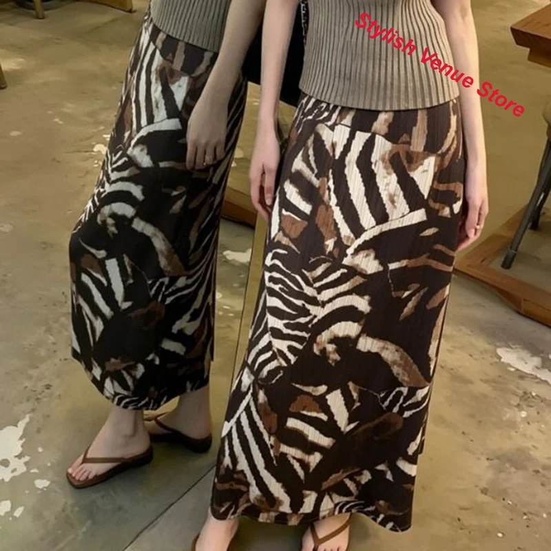 Japanese Miyake Holiday Style Printed Pleated Skirt Women's Summer and Autumn High Waist Temperament Coffee-colored Long Skirt