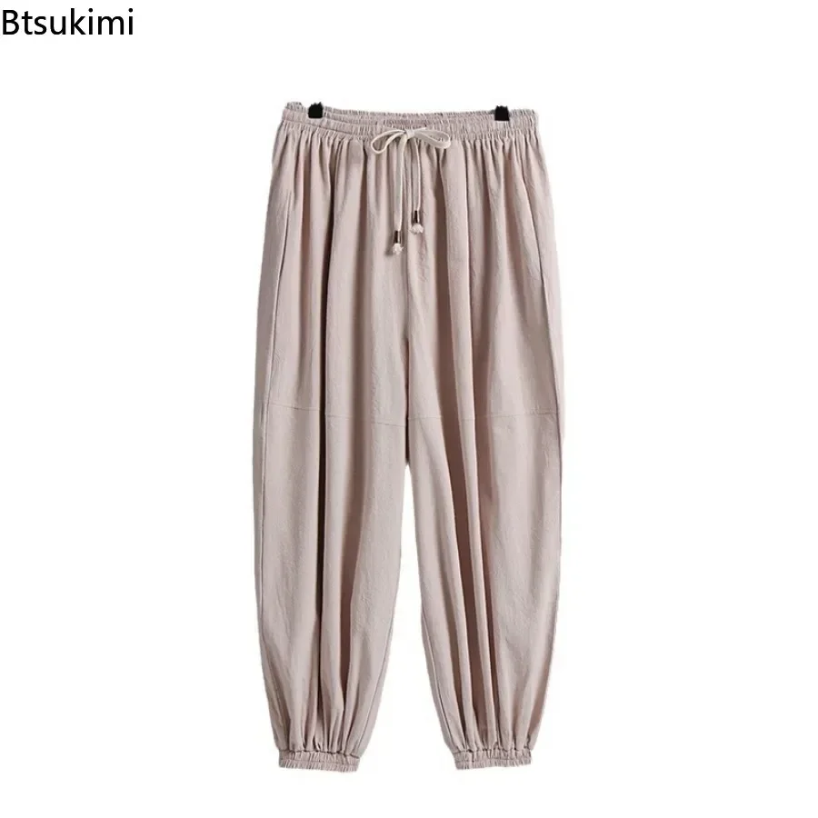 Plus Size 9XL Men's Solid Color Cotton Linen Pants Chinese Style Baggy Casual Trouser Summer Breathable Wide Leg Sweatpants Male