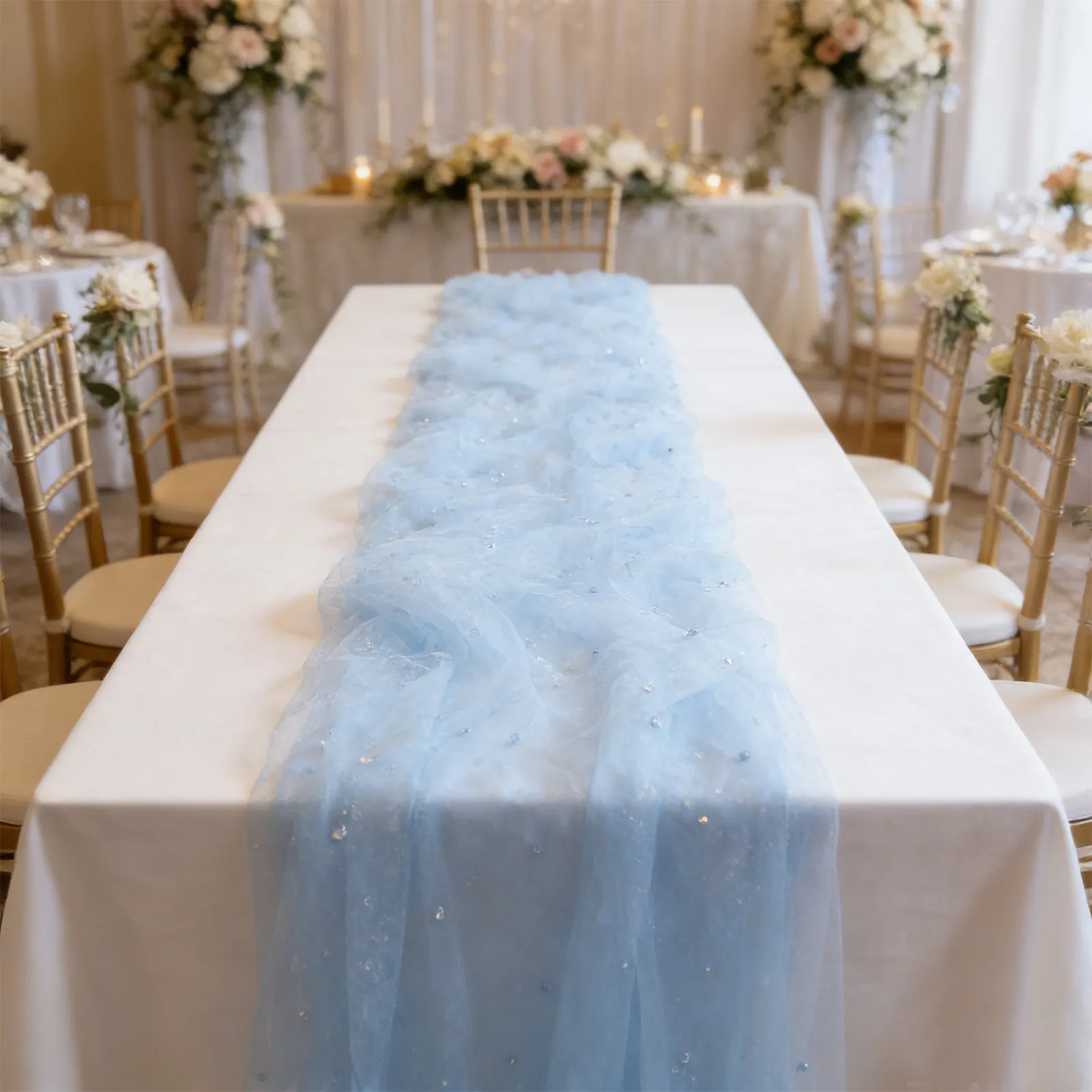 Pearl Mesh Table Runner Blue Sheer 118 Inch Elegant Wedding Birthday Party Dining Table Decor Baby Shower Centerpiece