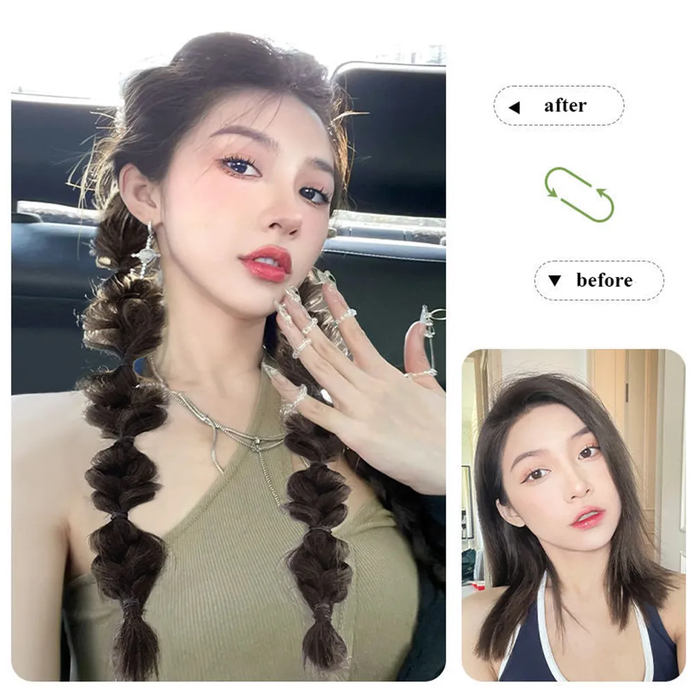 Wig kuncir ekor kuda sintetis kelompok perempuan Korea gaya sama kepang rambut poni lucu manis keren kepangan adonan goreng meningkatkan Volume rambut