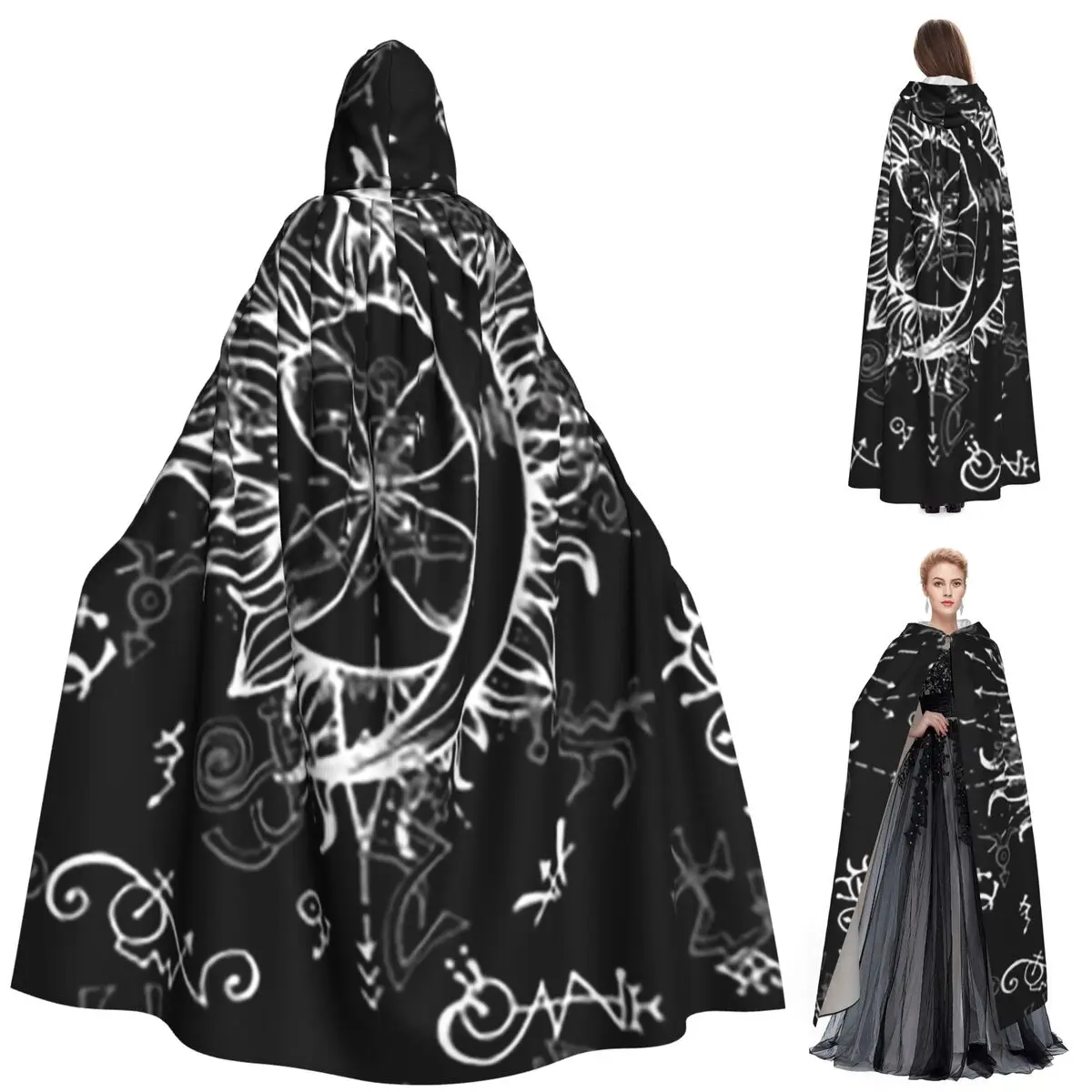 

Накидка с алхимией и солнцем и луной, длинный плащ с капюшоном, средневековый костюм ведьмы, накидка для косплея, пальто на Хэллоуин для взрослых, унисекс