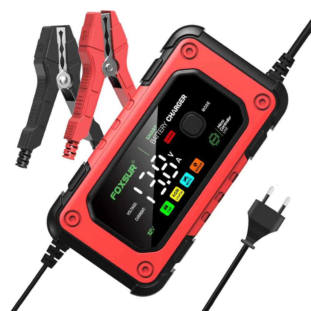 

Foxsur 12V 7A Car Motorcycle Lead Acid Battery Charger 7-stage Intelligent Repair Battery with Display Screen Charger