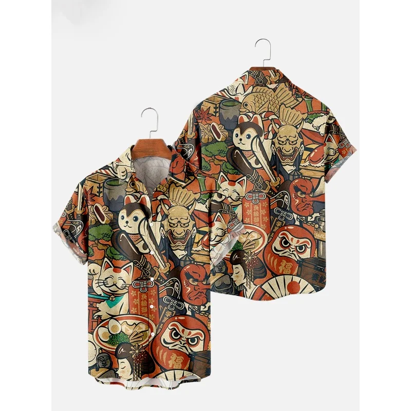 

Japanese Cat Graphic Beach Shirt For Men Mountain Waves 3D Printed Hawaiian Shirts Summer Vacation Loose Short Sleeve Blouse