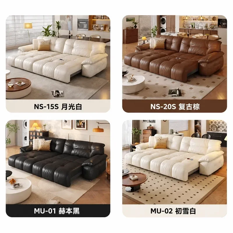 Italian Minimalist Leather Cloud Electric Sofa Retro Style Living Room Apartment Straight Row Multi Functional Sofa Bed