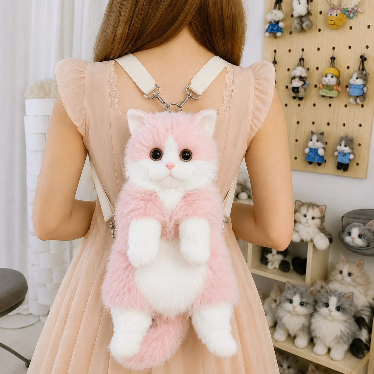 Niedlicher Katzen-Rucksack für Mädchen, Kawaii Plüschtasche, Weiche Tier-Umhängetasche für Schule, Reisen & Tägliches Outfit